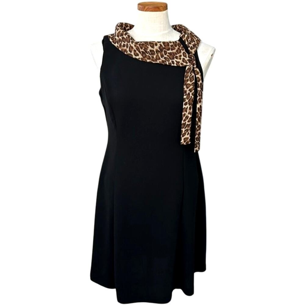 Danny Nicole Vintage Black Sleeveless Dress Leopard Scarf Neck Tie Detail 8P